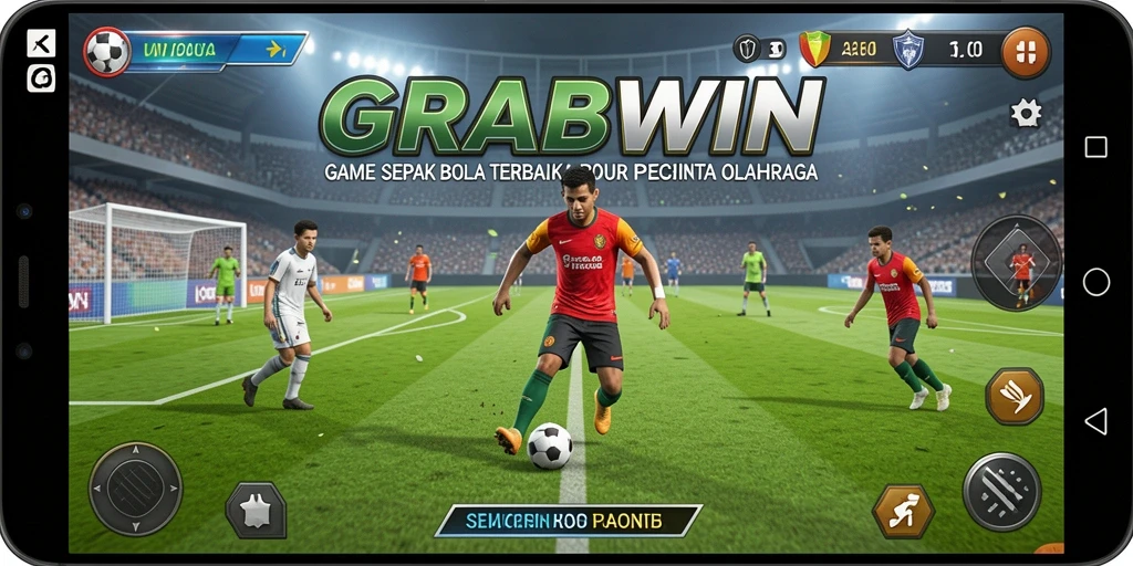 Screenshot gameplay GRABWIN menampilkan momen menegangkan dalam pertandingan sepak bola.