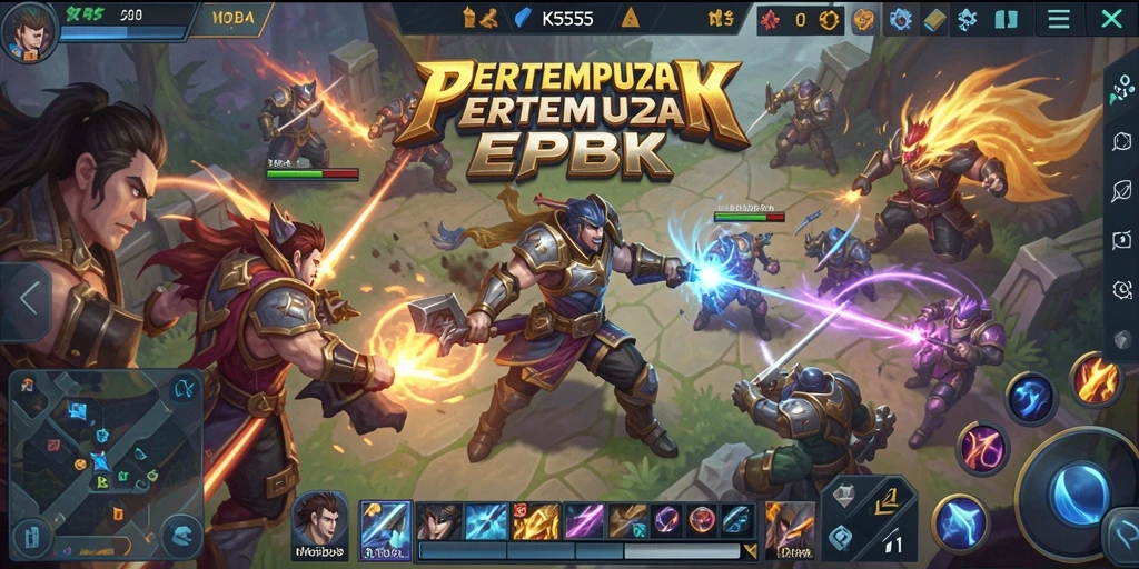 Tampilan gameplay seru dalam K5555 dengan pertempuran karakter MOBA.
